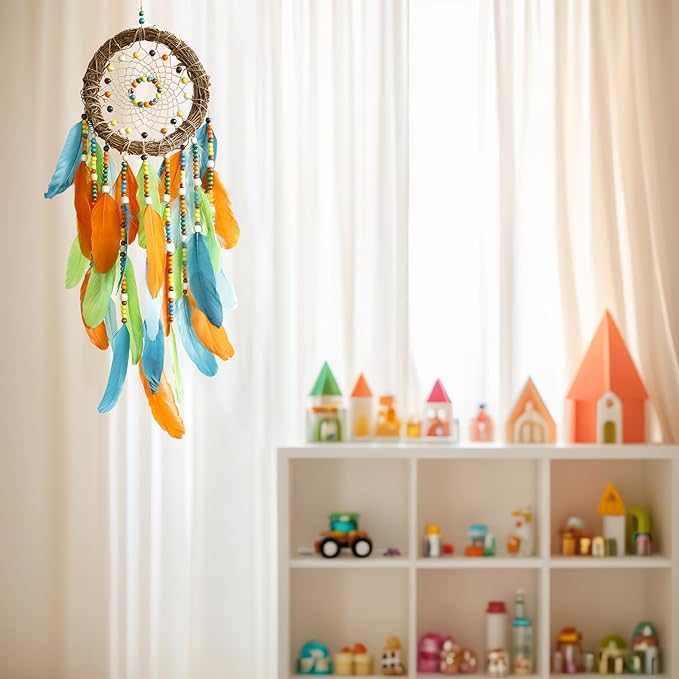 Dream Catcher Native American Boho Dreamcatcher Rattan Wall Decor, Handmade Natural Goose Feathers Blue Beaded Hanging Wall Art Indian Decor for Bedroom Living Room