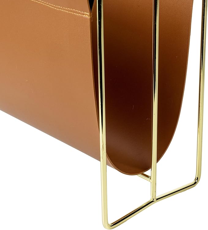MyGift Magazine Holder Magazine Rack Floor 15-Inch Modern Brown Leatherette & Brass Plated Metal Floor Standing Faux Leather Sling Style Newspaper Rack for Home, Bathroom, Office Decor
