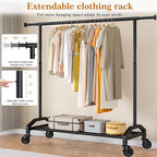 Heavy Duty Clothes Rack for Hanging Clothes 350lbs Clothing Rack 3" industrial Wheels 51 to 71" W x 16.53" D x 65" to 71" H Adjustable Rolling Clothes Rack Coat Rack Garment Rack Black