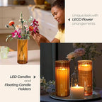 ComSaf Glass Cylinder Vases, Bud Vase for Centerpieces, 8 Inch Tall Ribbed Vase Hurricane Floating Candle Holder, Decorative Flower Vases for Wedding Reception, Home Decor, Housewarming Gift (Amber)