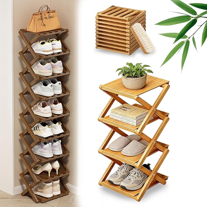 DDRIC The 9-Tier No-Assembly Bamboo Rack, Foldable 9 Tier Bamboo Shoe Rack with Collapsible Vertical Design, Space-Saving Shoe Storage Shelf for Entryway Closet Dorm, No-Tool Assembly (Nuture,4)