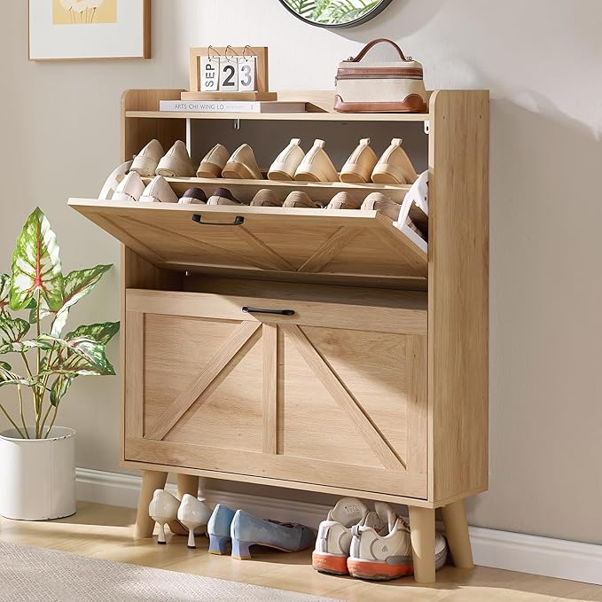 LEYAOYAO Shoe Storage Cabinet with 2 Flip Drawers，Narrow Shoe Storage Cabinet Organizer with Legs for Entryway Hallway, Living Room, Bedroom，Hidden Slim Storage Narrow Shoe Rack Cabinet,Natural