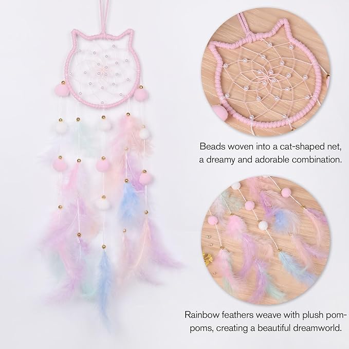 Pretty Jolly Pink Cat Kids Dream Catcher Wall Decor Pompom Feather Baby Dreamcatcher Handmade Children Dream Catcher Home Décor Wall Hanging for Nursery Bedroom Boys Girls Birthday Gift-25.6in