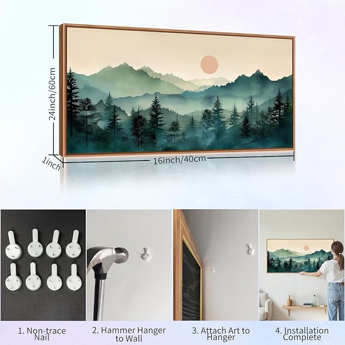 SIGNINART Large Boho Mountain Framed Canvas Wall Art, Nature Pine Tree Wall Painting, Abstract Foggy Forest Wall Decor, Modern Sunrise Art Prints for Bedroom Living Room and Office 20"x40"