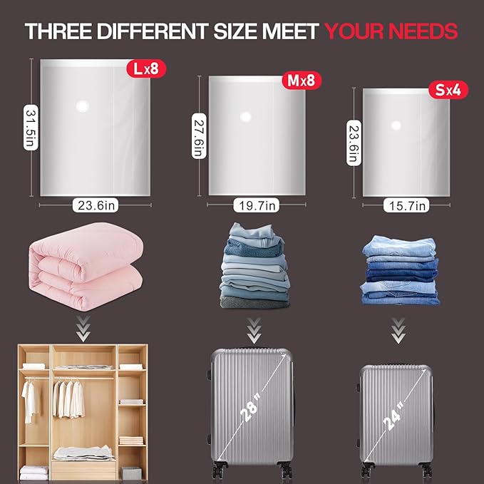 20 Pack Vacuum Storage Bags with Electric Pump - Space-Saving Compression Bags for Travel, Luggage & Suitcase Organization