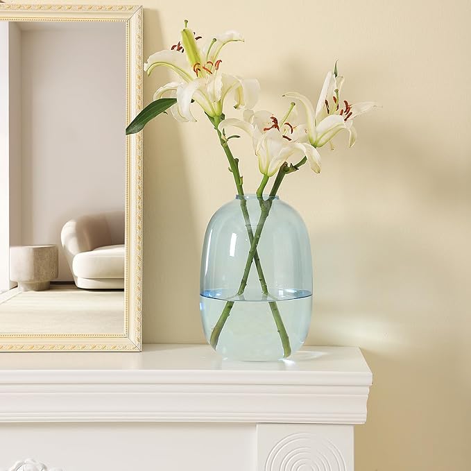 Blue Glass Vase, Large Glass Vase for Flowers, Tall Flower Vases, Modern Round Vases for Living Room, Bedroom, Kitchen, Mantle, Shelf, Wedding, Office, Entryway, 10 Inches