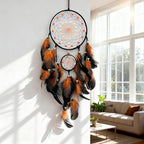 Orange and Black Dream Catcher Wall Decor Feather Dream Catchers with Luminous Bead Handmade Dreamcatcher Wall Hanging Ornament for Bedroom Living Room Home Decor