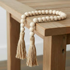 Wood Beads Garland with Tassels 33.86" Table Beads Natural Wooden Prayer Bead Rustic Country Boho Wall Hanging Decor for Boho Farmhouse Rustic Style Table Home Festival Decor