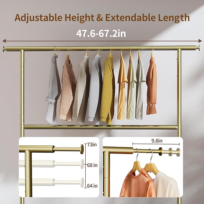 Luxspire Heavy Duty Clothes Rack Load 600 LBS, Double Rod Clothing Rack, Rolling Garment Racks with Lockable Wheels, Shelves, Adjustable Laundry Hanging Racks for Clothes, Gold