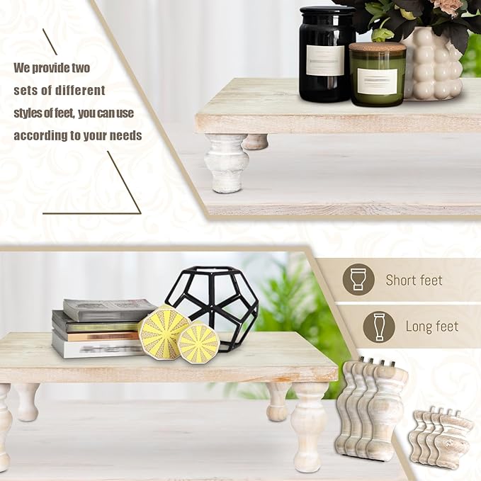 MAONAME Decorative Wooden Display Riser, Farmhouse Wood Pedestal Stand for Display, Rustic Wash White Tray Riser for Kitchen, Home Table Decor, Short and Tall Footed