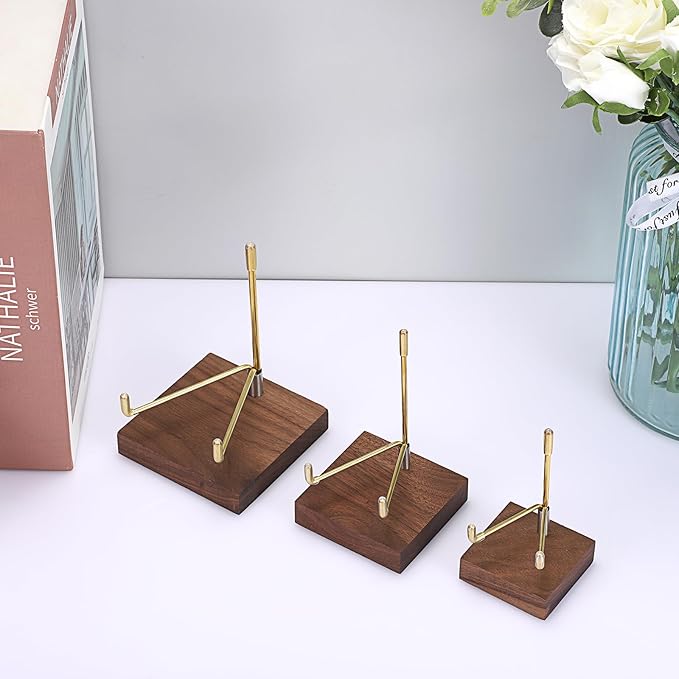 Hipiwe Adjustable Metal Arms Display Stand Easel with Wooden Base - Small Display Easel Holder for Displaying Fossil Coral Geodes Rock Mineral Agate Plate Seashell and Photos, 2"x2"x3.2"