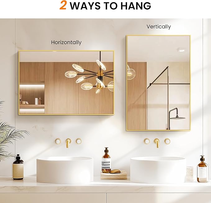 TRAHOME Bathroom Vanity Mirror for Wall, 2 Pack 36" x 24" Metal Framed Rectangular Bathroom Wall Mirror for Over Sink, HD Shatterproof Glass, Hangs Horizontally or Vertically(Gold)