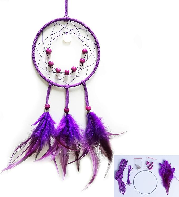 DIY Dream Catcher Beginner Kit, Making Dream Catcher Supplies Include Metal Hoop, Feathers, Faux Suede Cord, Thread, Wood Beads (Violet)