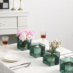 Square Glass Vases Set of 6, 4" x 4" x 4" Square Flower Vases for Centerpieces, Green Vase for Flowers, Small Vase for Wedding, Party, Home Office Decoration