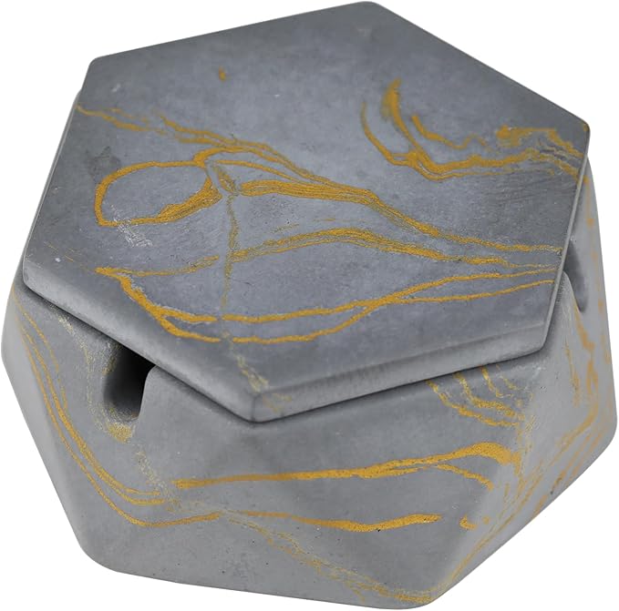 FREELOVE Concrete Ashtray with Lid & Stainless Steel Ashtrays for Cigarettes, Cement Ash Tray Smoking Holder Indoor Smokeless Outdoor Windproof Patio Home Office Cool Decor(Grey-Gold, Small)