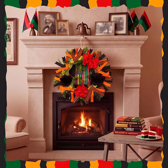 Hoteam Juneteenth Wreath for Front Door African American Door Wreaths June 19th 1865 Freedom Juneteenth Decorations for Festival Indoor Outdoor Home Porch Decoration