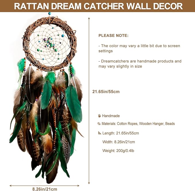 Dream Catcher Native American Boho Dreamcatcher Rattan Wall Decor, Handmade Natural Peacock Feathers Green Colorful Beaded Hanging Oranment Indian Decor for Girls Bedroom (Green Peacock Feather)