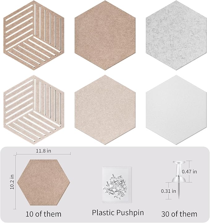 10 Pack Hexagon Cork Board Tiles Alternative, 12'' Fully Self-Adhesive Modern Felt Bulletin for Wall Decor, Frameless Pin Board for Office, Renter-Friendly Decorative Hexagon Corkboard with 30 Pins