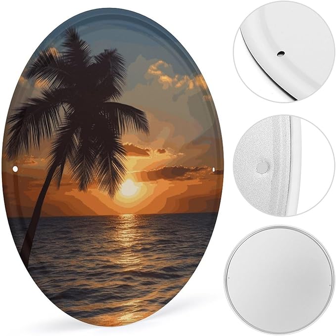 Wall Picture, with Sunset Palm Tree Ocean Printed Circular Iron Hanging Picture,Wall Art Decor,Home for Bedroom Living Room Bathroom Decor,Iron Painting 11.8X11.8 in