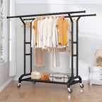 Heavy Duty Clothes Rack Double Clothing Rack 450lbs Capacity 3" Industrial Wheels 51"-71" L X 19.7" D X 73"-79" H Stury Rolling Clothes Rack Adjustable Rolling Garment Rack Black