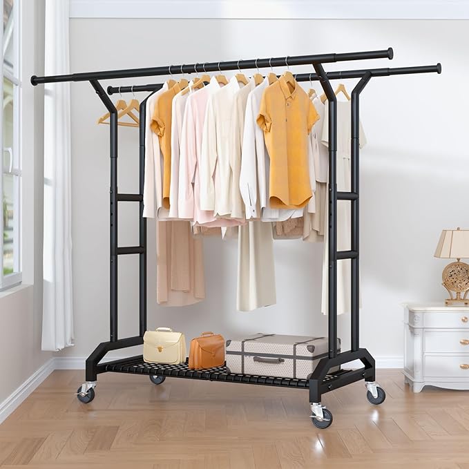 Heavy Duty Clothes Rack Double Clothing Rack 450lbs Capacity 3" Industrial Wheels 51"-71" L X 19.7" D X 73"-79" H Stury Rolling Clothes Rack Adjustable Rolling Garment Rack Black