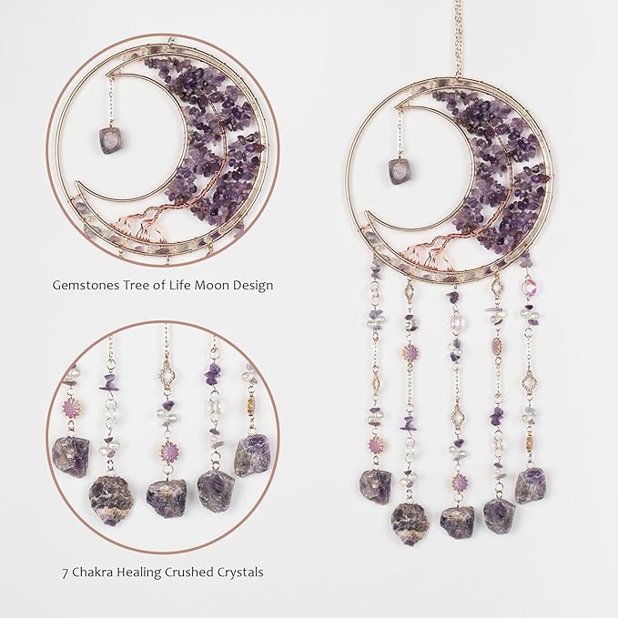 Purple Gemstone Dream Catcher 7 Chakras Tree of Life Moon Dream Catchers with Healing Crystal Stones Handmade Suncatcher Dreamcatcher Wall Decor for Adults Living Room,Bedroom,Garden,Bless Gift