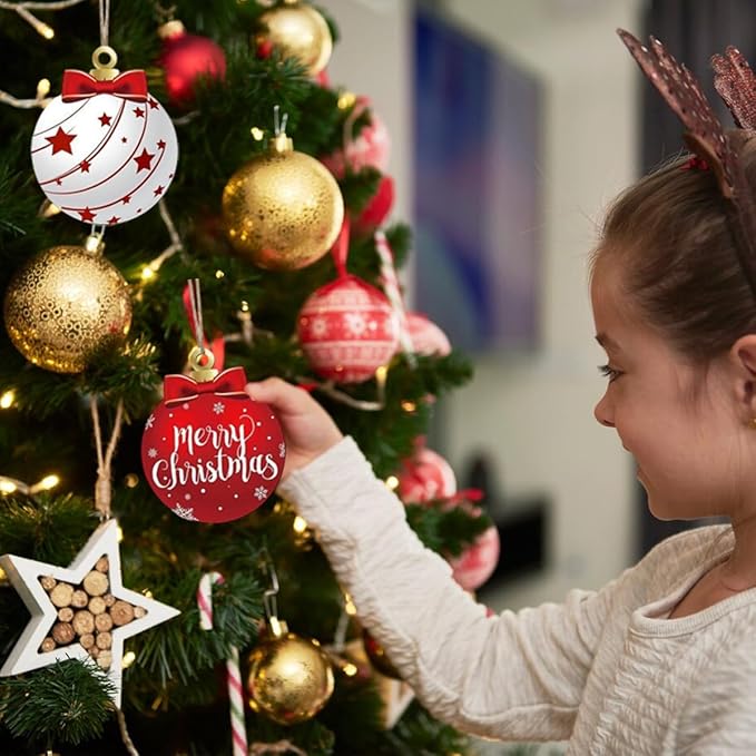 12Pcs Red and White Christmas Ball Design Hanging Wooden Ornaments Set - Festive Winter Holiday Tree Decorations with Merry Christmas Snowflakes, Reindeer, Santa Designs