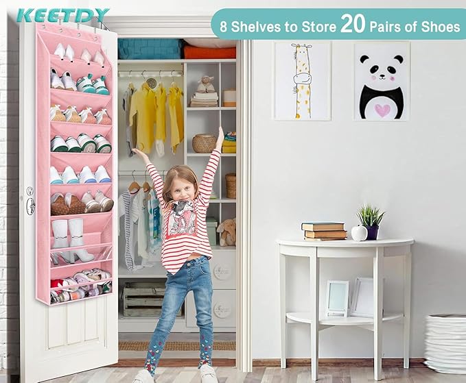 KEETDY Over The Door Shoe Organizer Fit 20 Pairs Sneakers Large Hanging Shoe Organizer for Closet Door Storage Boots, Pink