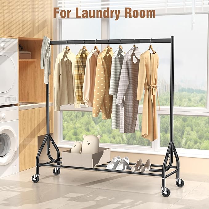 EAGMAK Heavy Duty Clothes Rack Load 420 LBS, Rolling Garment Rack with Lockable Wheels, Standing Metal Clothing Rack, Portable Wardrobe Sturdy Coat Rack for Hanging Clothes (Black, 59″×18.9″×63″)