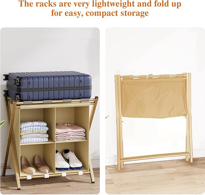 aboxoo 2 Pack Luggage Rack with storage, Guest Room Folding Suitcase Stands, Holds up to 120 lb, Space Saving Suitcase Holders for guest room, Bedroom Hotel, Gold