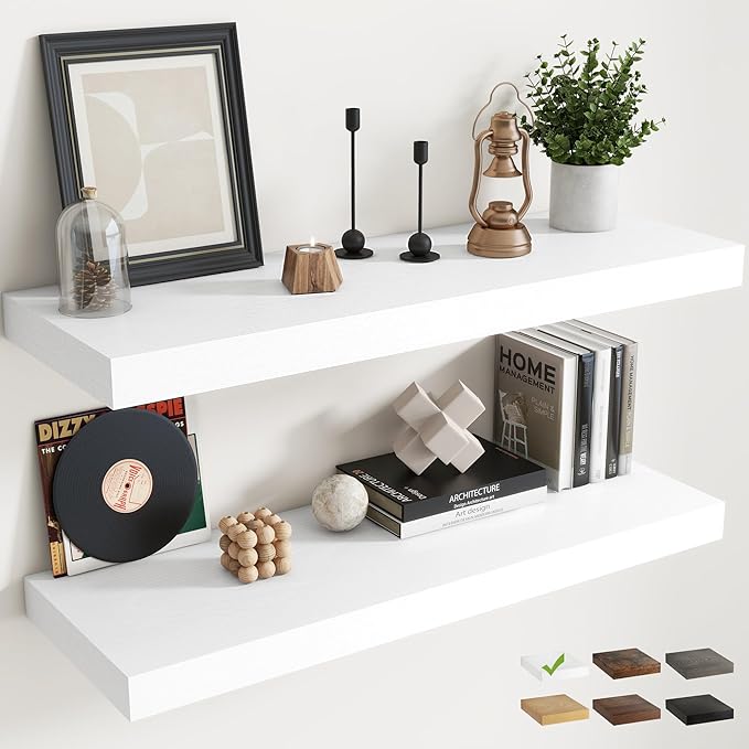 40 Inch Long Floating Shelves for Wall Set of 2, 12"D Wood Grain Bathroom Shelves with Invisible Brackets, Easy Install Engineered Wood Storage Shelves for Kitchen, Living Room, Bedroom, White Finish