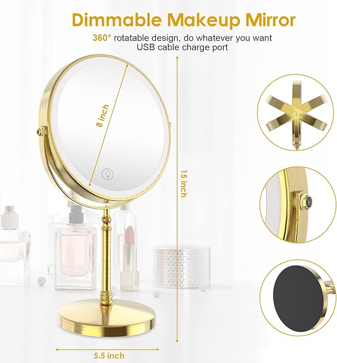 DEIOVWXS Makeup Mirror, 3000mAh Rechargeable Double-Sided Magnifying Vanity Mirror with 3 Colors, 1X/10X, Adjustable Brightness, Gifts for Mom, Mothers Day, Women, Wife, Girls, Dorm Room Essential