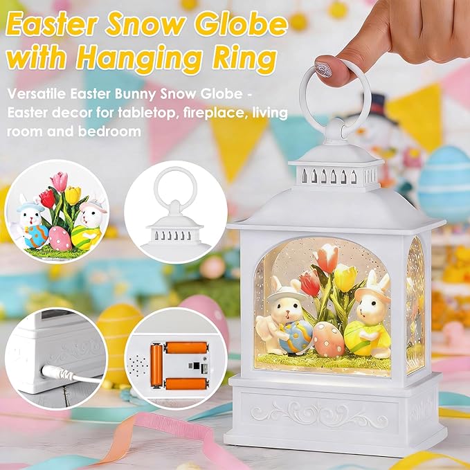Easter Bunny Snow Globe, Easter Eggs Spring Snow Globe 6H Timer Glitter Lantern Easter Decorations (Bunny Eggs)