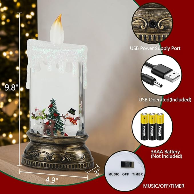 Eldnacele Christmas Music Snow Globe Lantern with Timer Battery Operated & USB Powered Lighted Snowman Deer Singing Snow Globe Candle Lamp Spinning Water Glitters Indoor Christmas Decorations