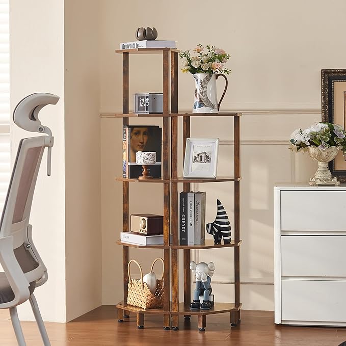 YUFAM 4-Tier Corner Shelf with Sturdy 5-Leg Base, Wooden Corner Bookshelf for Small Spaces, Corner Standing Shelf for Living Room, Bedroom, Office, Brown