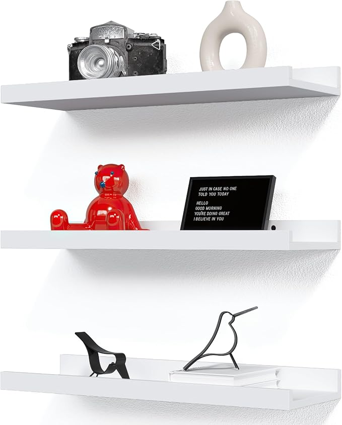 RICHER HOUSE 3 Set White Floating Shelves, 16 inches Wall Mounted White Shelves for Wall Decor, Picture Ledge Shelf with Lip for Storage Nursery, Bedroom, Living Room, Bathroom - White