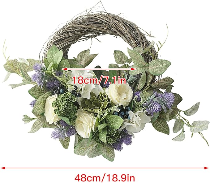19in Artificial White Silk Rose Hydrangea Wreath with Blueberry, Lifelike Eucalyptus Leaves Rattan Garland Spring Summer Decorative Wreath for Wedding Arch Front Door House Wall Decor