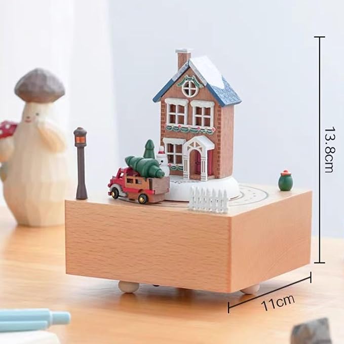 Natural Solid Wood Handcrafted Beech Wooden, Musical FigureTotoro/Carousel/Fairy/Ballerina Figurine,Rotating Hand Crank Mechanism Music Box,Musical Decorations (Romantic Snowhouse)