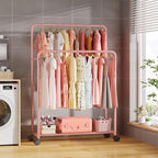 Simple Trending Clothing Clothes Rack Double Rods with Wheels, Rolling Metal Garment Rack for Hanging, Pink