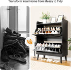Shoe Storage Cabinet with 2 Flip Drawers, Freestanding Entryway Shoe Cabinet with 2 Side Hooks & Adjustable Shelves Slim Shoe Organizer Cabinet Narrow Shoe Rack for Entrance Hallway Front Door,Black