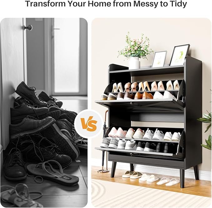 Shoe Storage Cabinet with 2 Flip Drawers, Freestanding Entryway Shoe Cabinet with 2 Side Hooks & Adjustable Shelves Slim Shoe Organizer Cabinet Narrow Shoe Rack for Entrance Hallway Front Door,Black