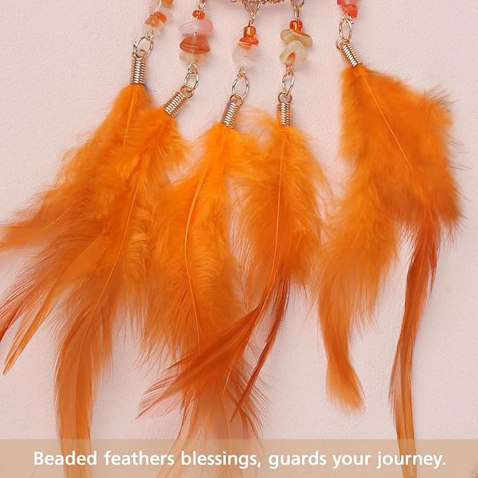 Pretty Jolly Small Tree of Life Crystal Stone Dream Catchers Orange Feathers Mini Dreamcatchers for Cars Rear View Mirror Hanging Decoration Good Luck Travel Charm Bedroom Ornaments for Women Girls