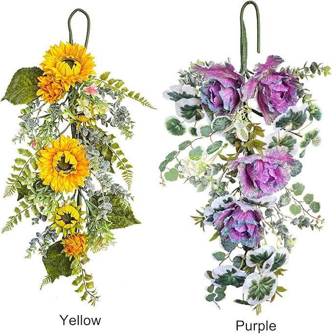Spring Teardrop Swag for Front Door,Artificial Teardrop Swag,Spring Summer Front Door Teardrop Swag,Artificial Sunflower Swag,Artificial Floral Swag Wreath for Front Door Window(Yellow)