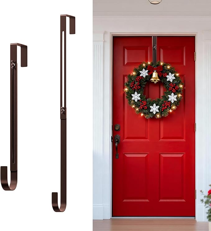 Wreath Hanger for Front Door,Adjustable Metal Wreath Hanger from 12-20", Hold Up 20lb, Indoor or Outdoor Over The Door Wreath Hook Hanger for Easter Spring Halloween Xmas Wreath Decorations (Bronze)