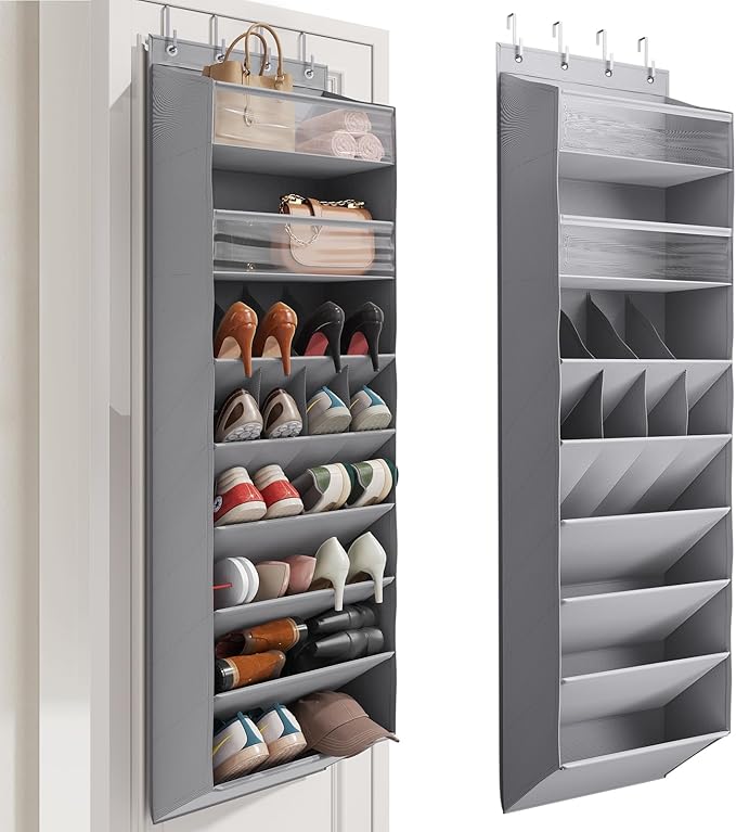 16-20 Pairs Over the Door Shoe Organizer, Clear Pockets Shoe Rack for Closet Door, Hanging Shoe Rack for Boots, Behind the Door Shoe Holder Fit All the Family's Sneakers, Boots, Heels, Grey