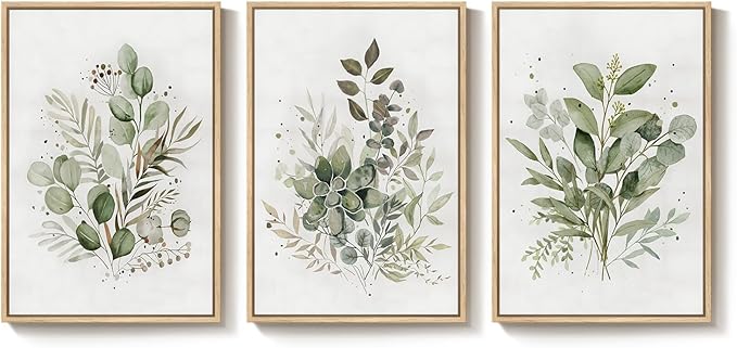 Framed Botanical Wall Art for Living Room, 3 Piece Neutral Sage Green Eucalyptus Leaf Canvas Prints, Modern Minimalist Watercolor Plant Pictures for Dining Room Bedroom Office Wall Decor, 16x24 inch
