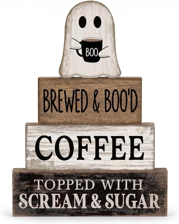 Lineshading 4 Pcs Halloween Coffee Table Decorations Cute Ghost Stacked Wooden Decor - Brewed & Boo'd Coffee Neutral Halloween Tiered Tray Decor Rustic Ghost Table Centerpiece for Home Kitchen Bar