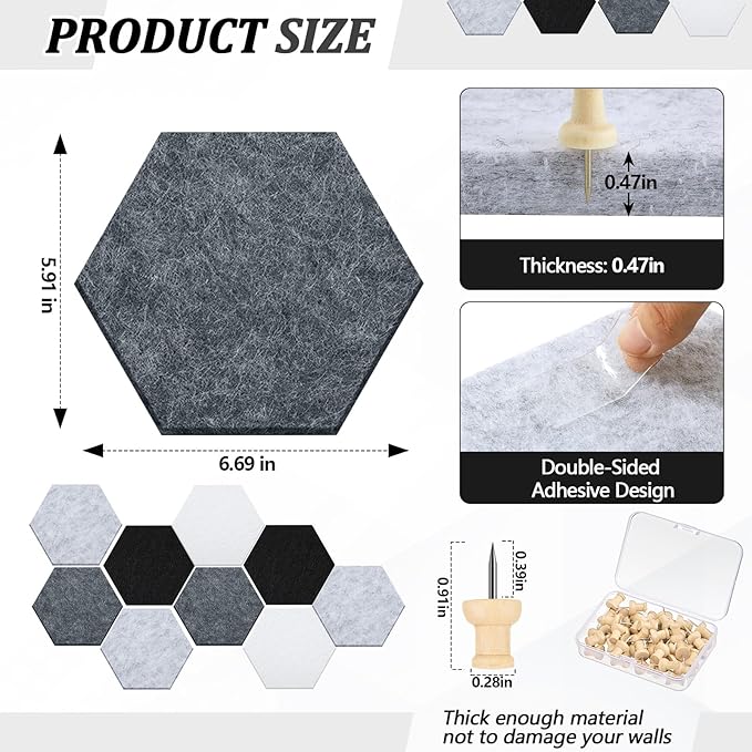 Mindsoft 16 Pcs Hexagon Cork Board for Walls with 50 Wooden Push Pins 6.7 x 5.9 in Felt DIY Tiles Notice with Nano Tape Hanging Bulletin Board for Home Photo Office Memo Note(Grey)
