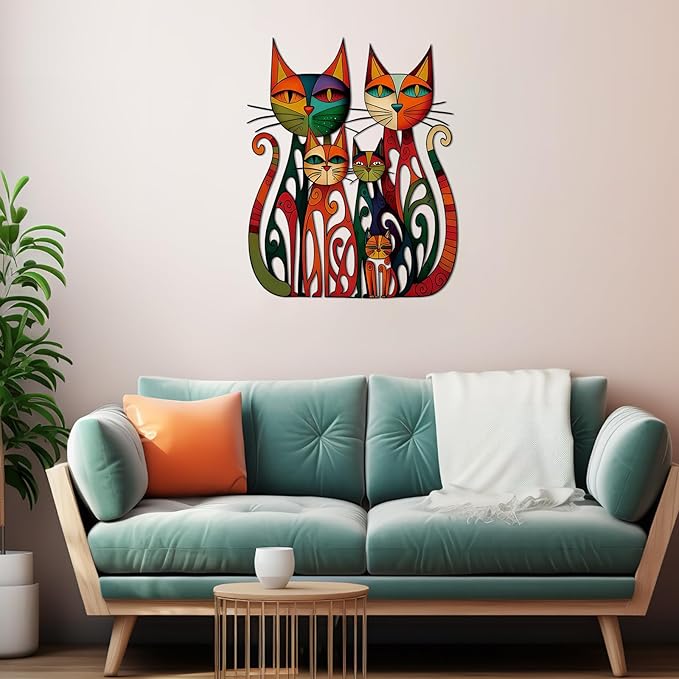 Wesiti Cat Wall Art Decor Iron Wall Sculptures Decor for Cats Lover 11 x 11.8 Inches Colorful Mid Century Cat Retro Signs for Home Living Room Bedroom Kitchen Office(Vintage-chic)