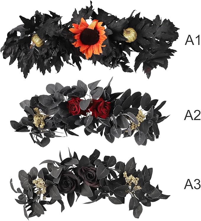 Artificial Flower Swag, Rose Eucalyptus Floral Swag Black Decorative Swag, Decorative Swag with Black Eucalyptus Leaves for Halloween Home Front Door Lintel Wedding Arch Party Tabletop Wall Decor(A3)